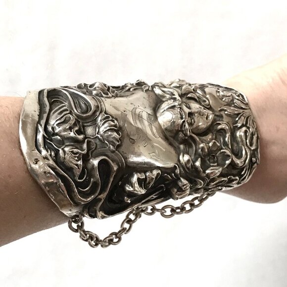 Goddess Sterling Silver Wide Bracer Bracelet Gladiator Cuff Art Nouveau … - Picture 4 of 13